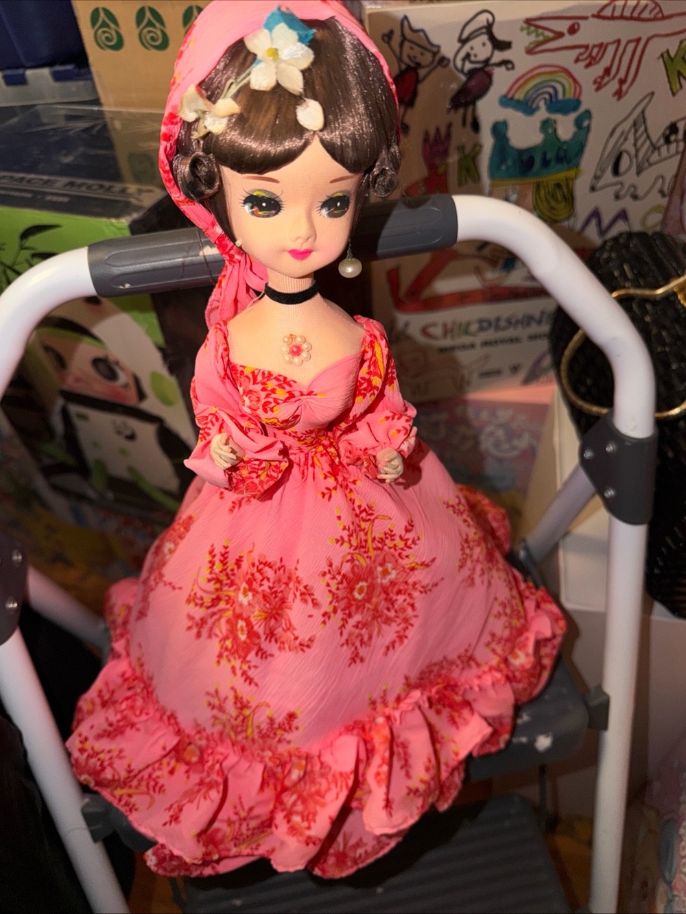 Vintage BRADLY Pink Floral Doll in Ruffled Dress